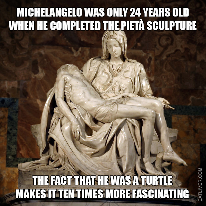 Michelangelo was only 24 years old when he completed the Pietà sculpture. The fact that he was a turtle makes it ten time more fascinating.