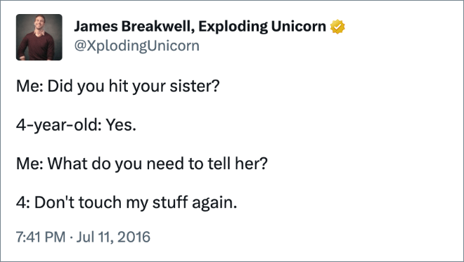 Sibling rivalry: funny parenting tweet.