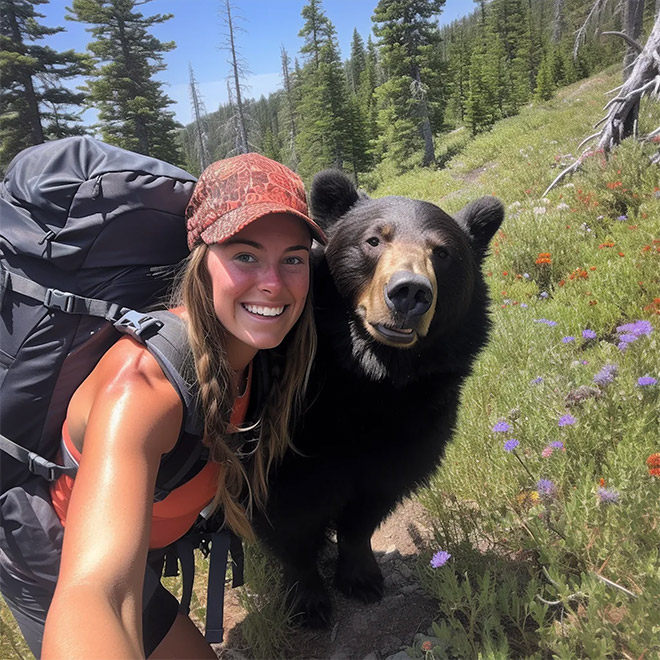 AI-generated image of hiking with bears.