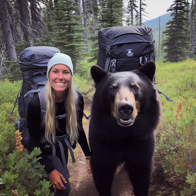 AI-generated image of hiking with bears.