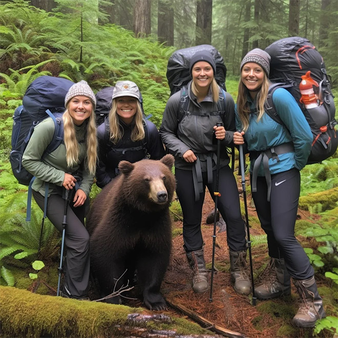 AI-generated image of hiking with bears.