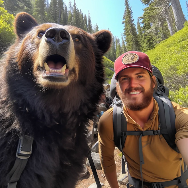 AI-generated image of hiking with bears.