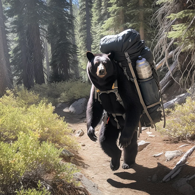 AI-generated image of hiking with bears.