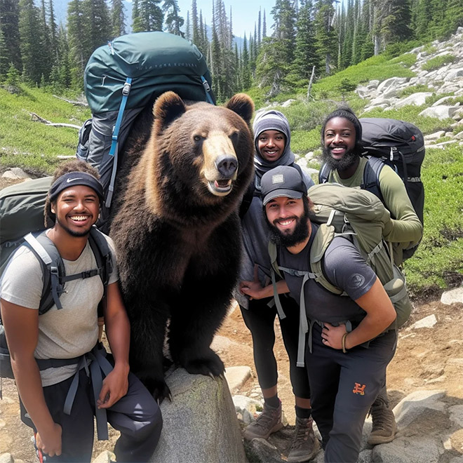 AI-generated image of hiking with bears.