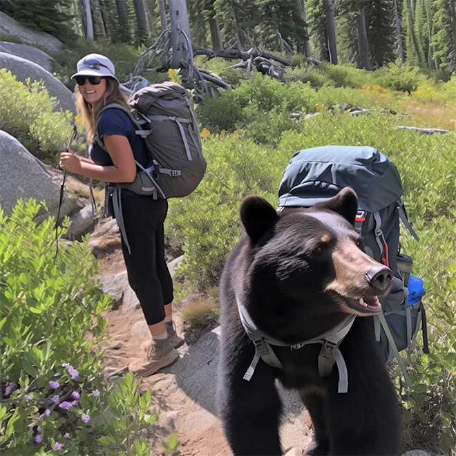 AI-generated image of hiking with bears.