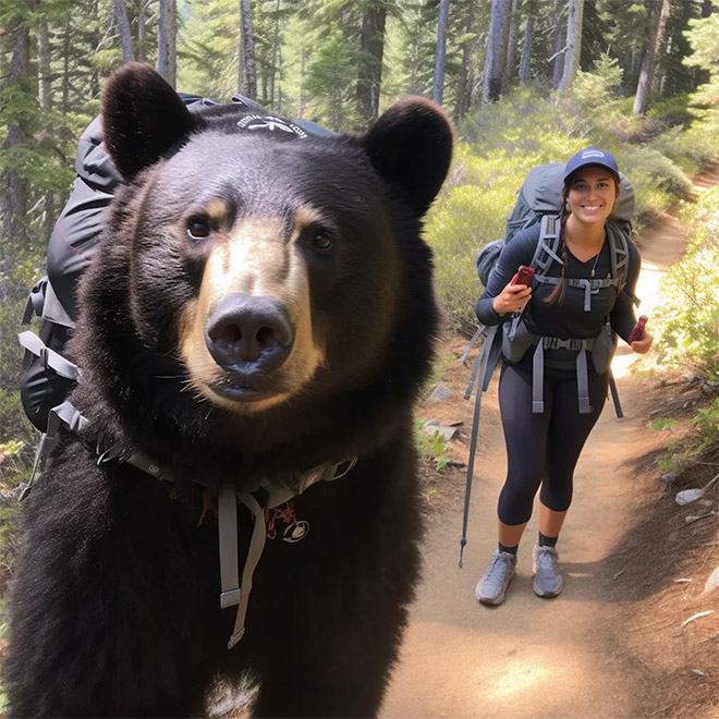 AI-generated image of hiking with bears.