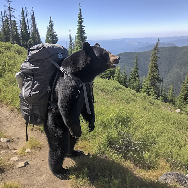 AI-generated image of hiking with bears.