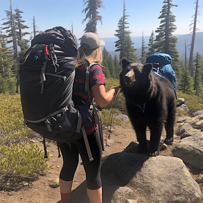 AI-generated image of hiking with bears.