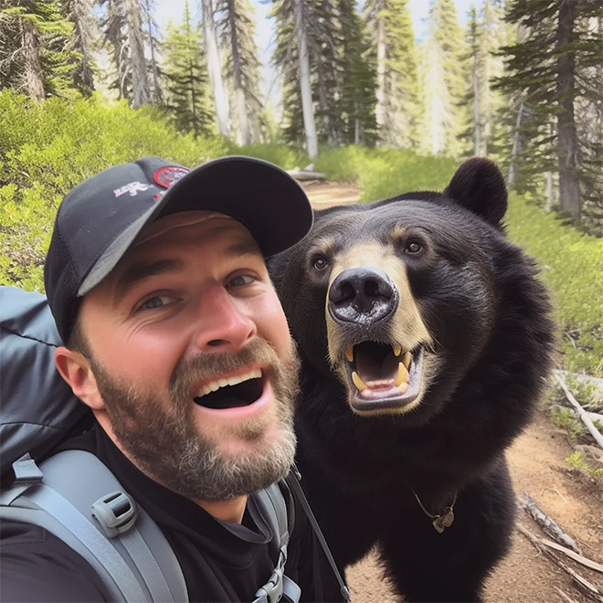 AI-generated image of hiking with bears.