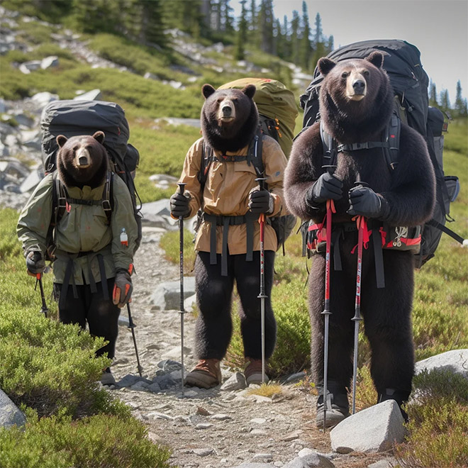 AI-generated image of hiking with bears.