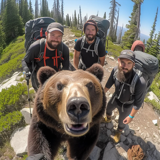 AI-generated image of hiking with bears.