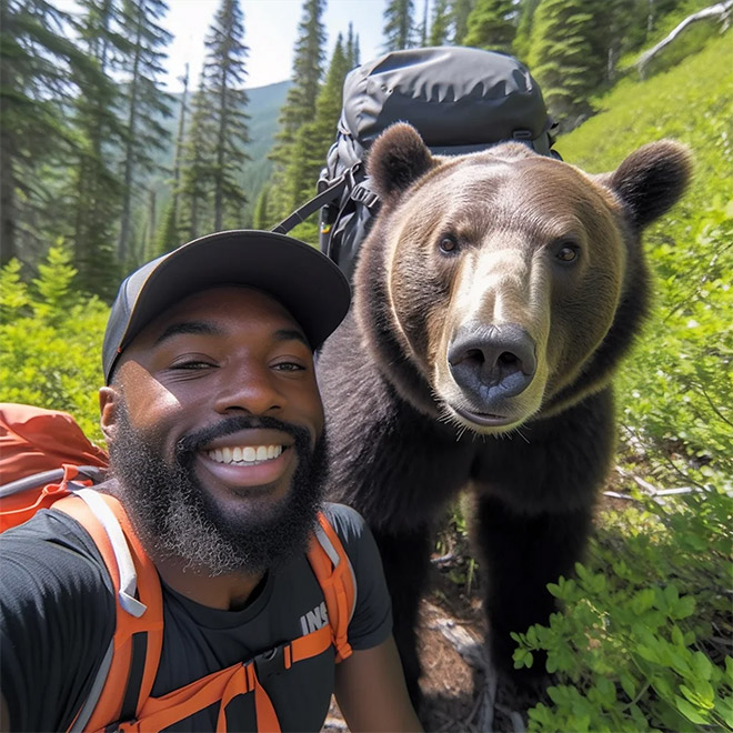 AI-generated image of hiking with bears.