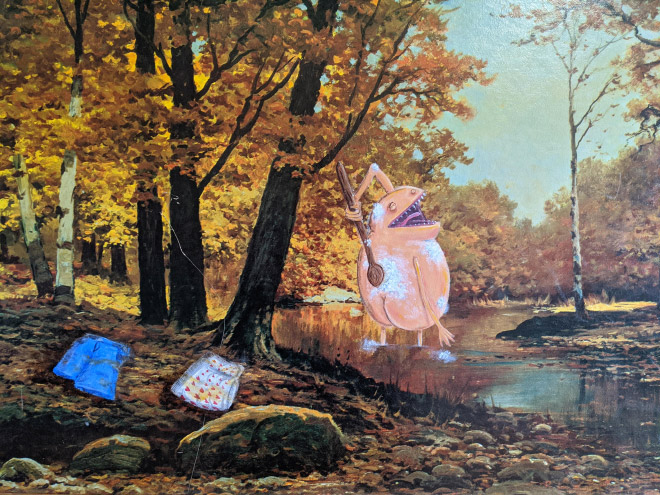 Funny repainting over old thrift store painting.