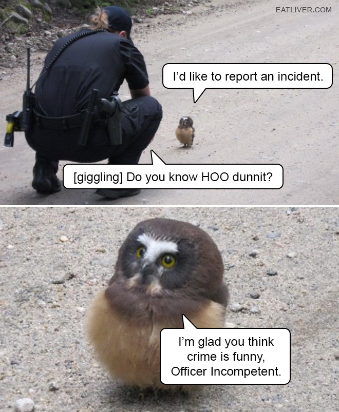 I'd like to report an incident. [giggling] Do you know HOO dunnit? I'm glad you think crime is funny, Officer Incompetent.