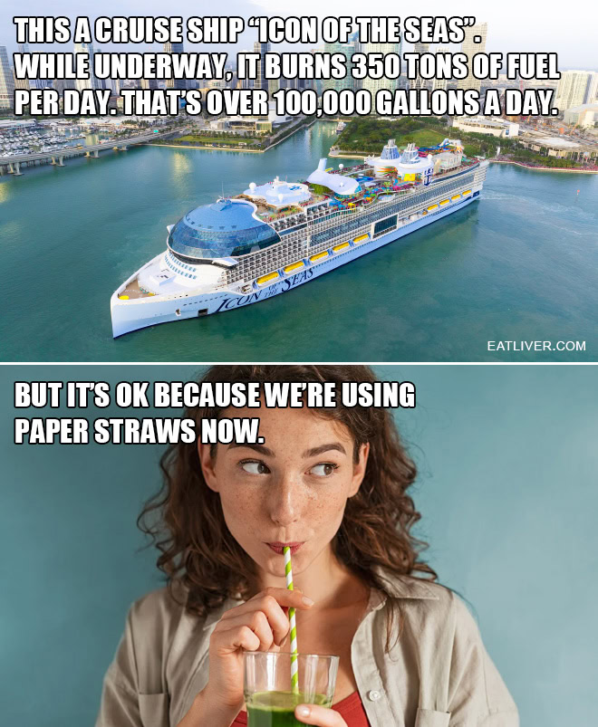 This a cruise ship "Icon Of The Seas". While underway, it burns 350 tons of fuel per day. That's over 100,000 gallons a day. But it's OK because we're using paper straws now.